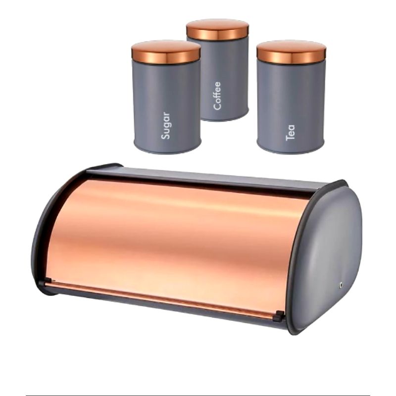 Breadbin – Matte Grey with Rose Gold Lid Plus 3 Piece Matching Canister Set