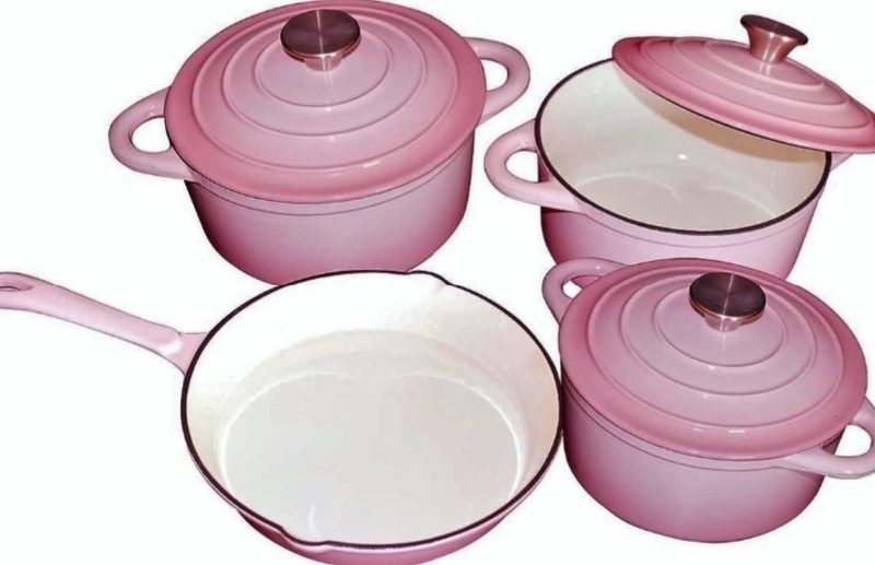 Authentic 7 Piece Cast Iron Dutch Oven Cookware Set – Pink