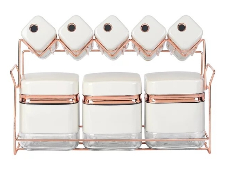 Square Glass Storage Canister Set and Matching Spice Bottles with Rose Gold Stand 8 Piece-Cream
