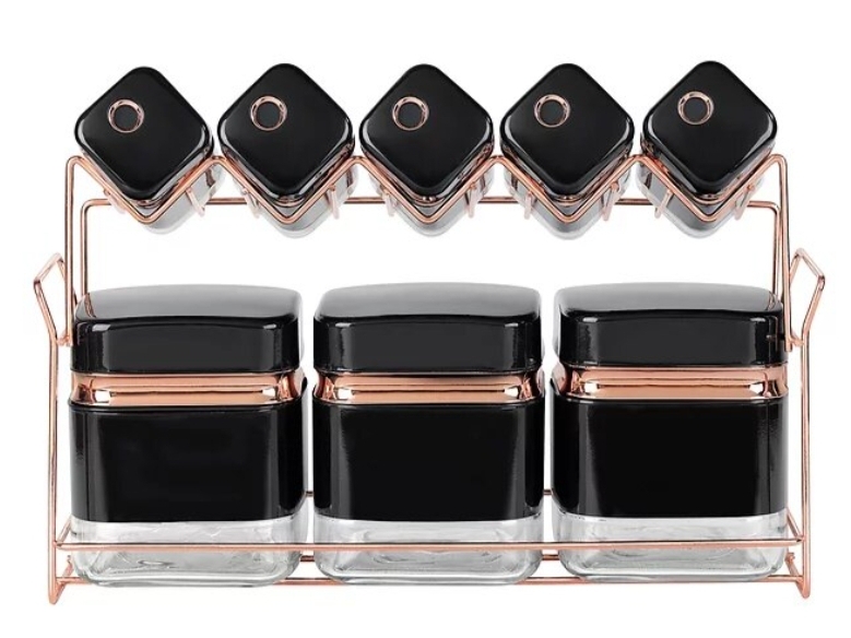 Square Glass Storage Canister Set and Matching Spice Bottles with Rose Gold Stand 8 Piece-Gloss Black