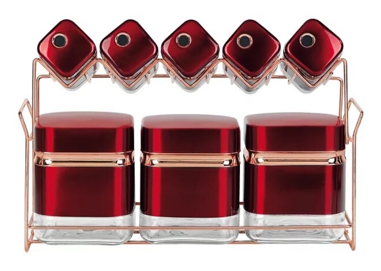 Square Glass Storage Canister Set and Matching Spice Bottles with Rose Gold Stand 8 Piece-Metallic Red