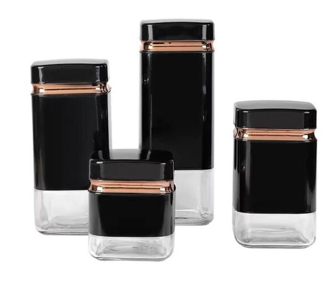 Square Glass Storage Canister Set Gloss Black – 4 Piece