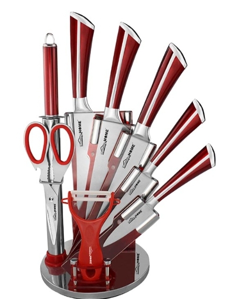 Knife Set with Rotating Block Stand Red-9 Piece