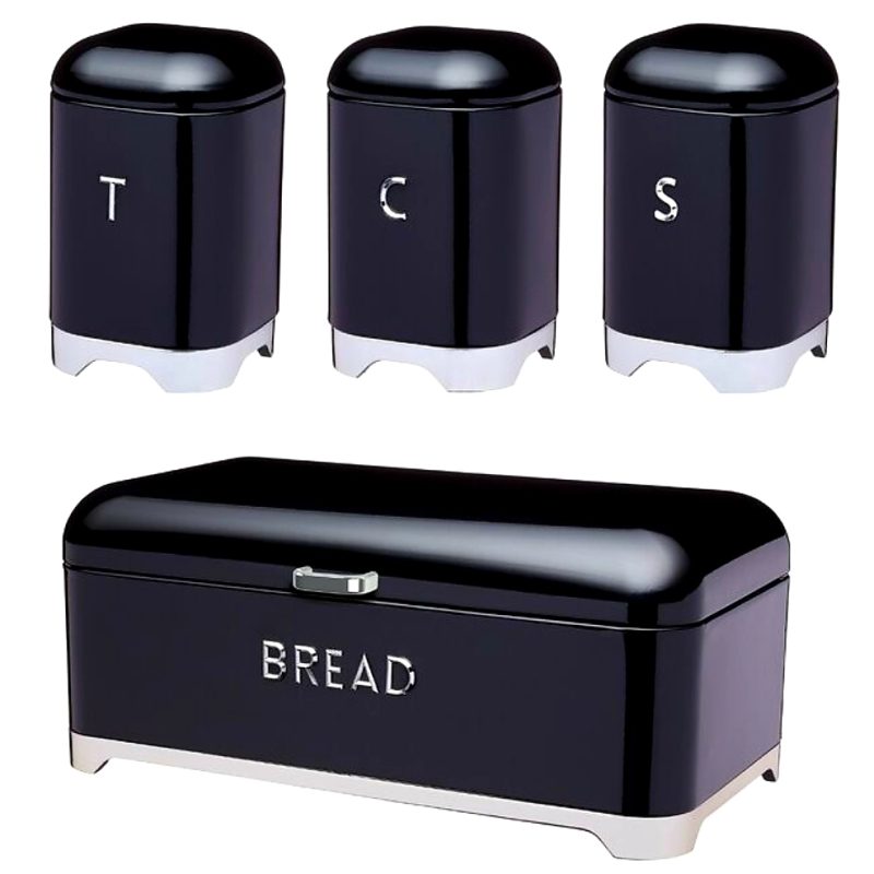 Breadbin Retro Design with 3 Piece Matching Canister Set-black
