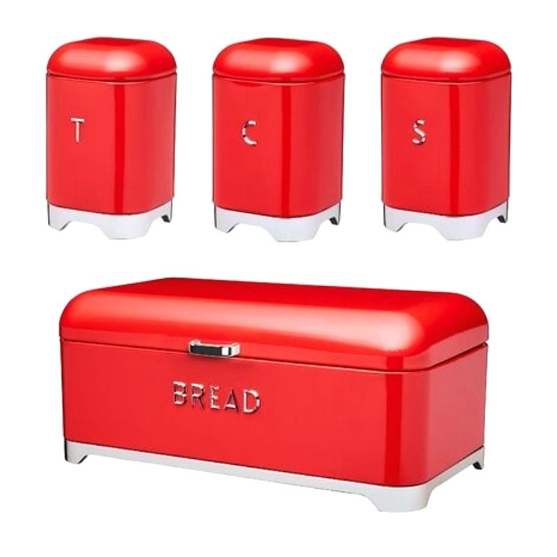 Breadbin Retro Design with 3 Piece Matching Canister Set-red