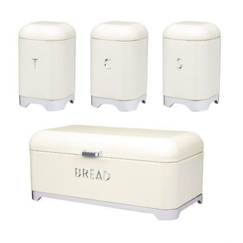Breadbin Retro Design with 3 Piece Matching Canister Set-Cream